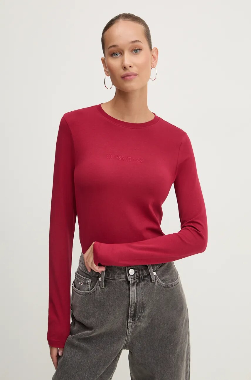 Levně Tričko s dlouhým rukávem Guess Jeans červená barva, W4YI22 J1314