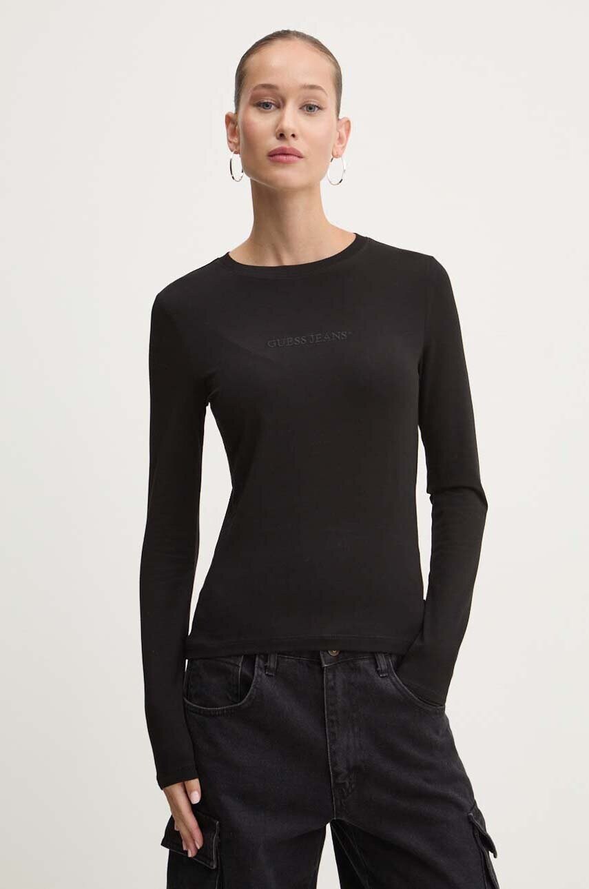 Levně Tričko s dlouhým rukávem Guess Jeans černá barva, W4YI22 J1314