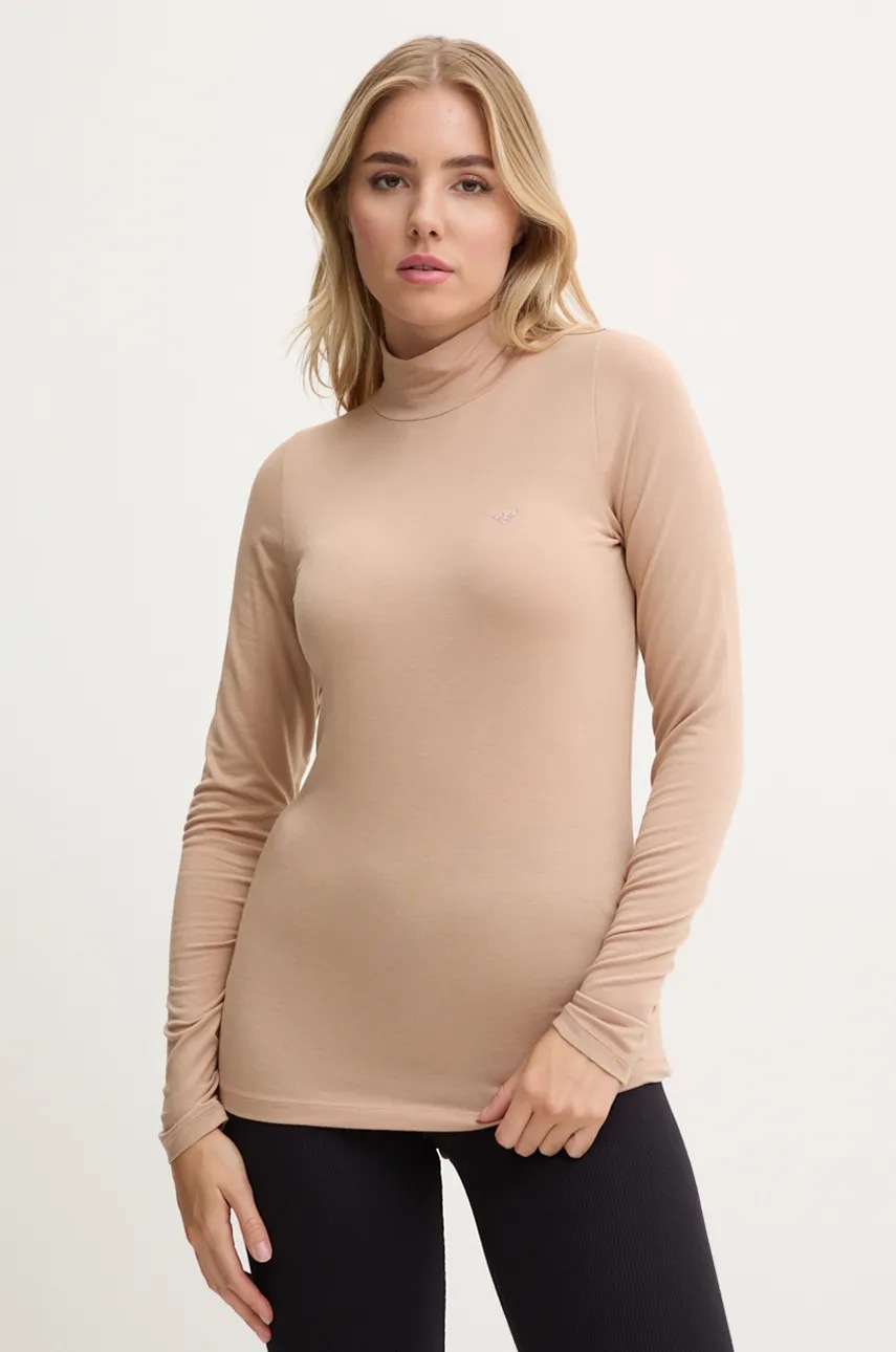 

Домашна блуза с дълъг ръкав с вълна Emporio Armani Underwear в кафяво с ниско поло 164633 4F224, Кафяв