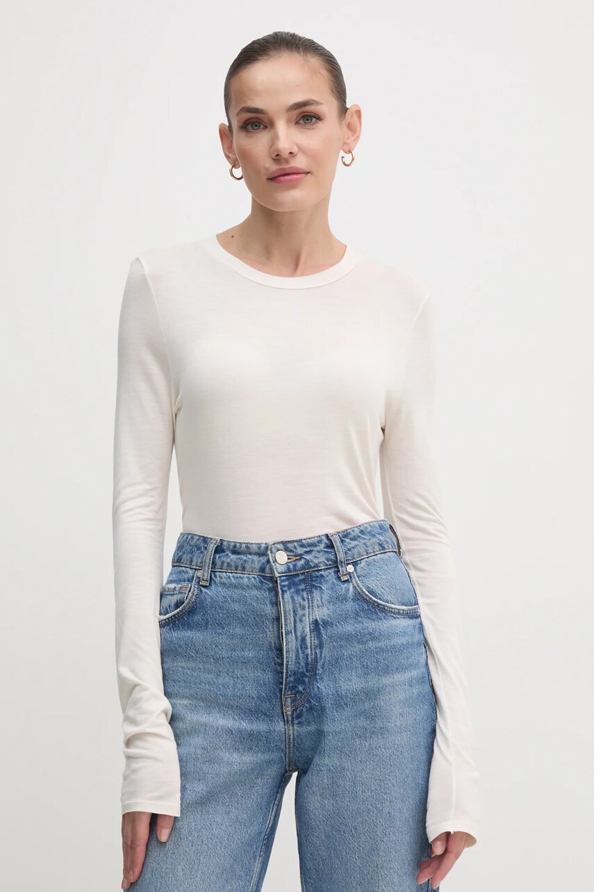 United Colors of Benetton longsleeve din amestec de casmir culoarea bej, 3R0KD108H