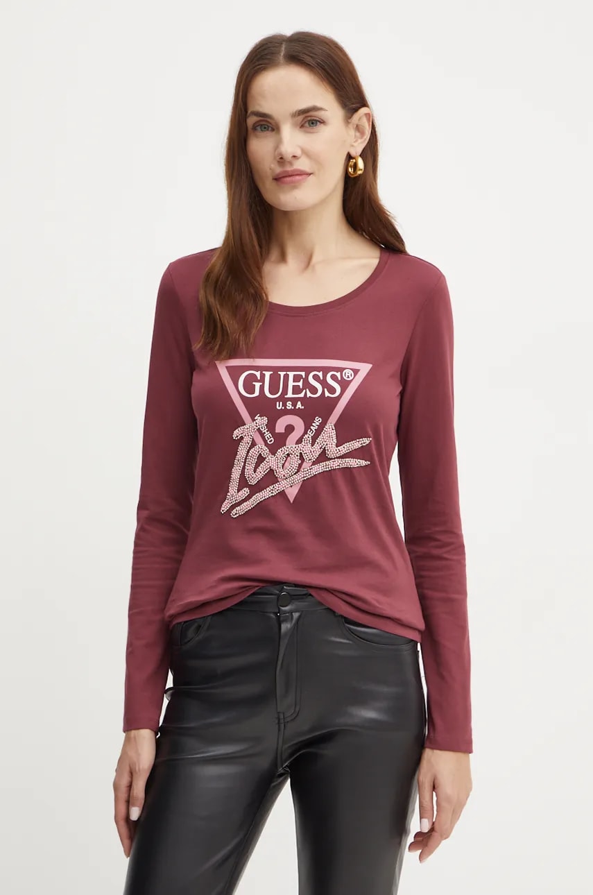

Памучна блуза с дълги ръкави Guess в бордо W4BI21 I3Z14