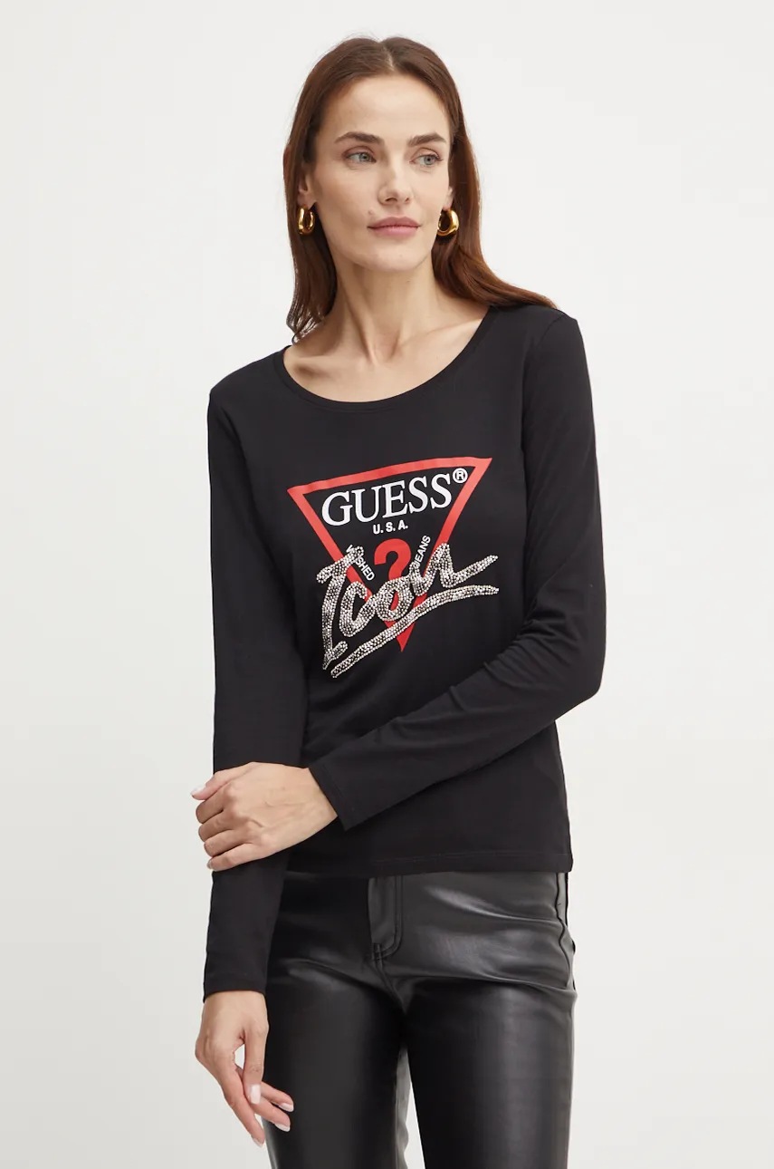 

Памучна блуза с дълги ръкави Guess в черно W4BI21 I3Z14, Черен