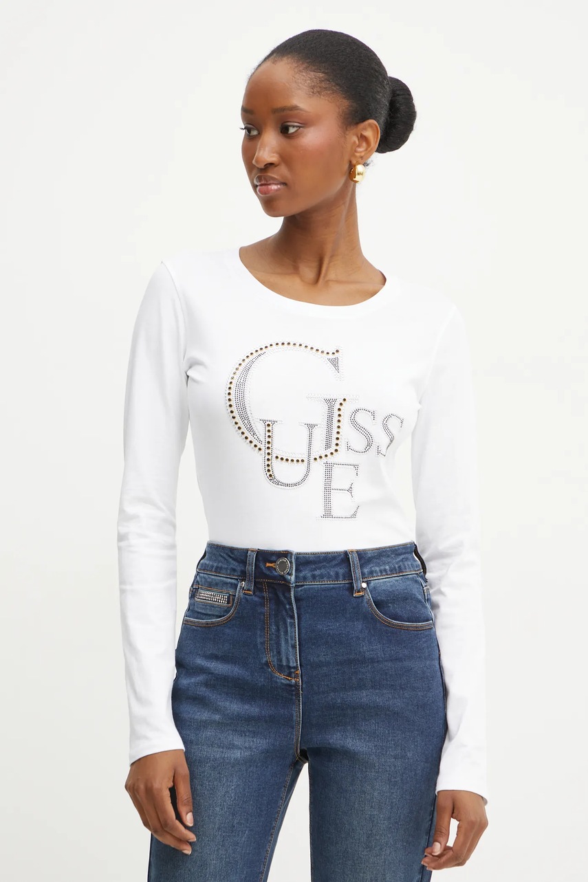 

Памучна блуза с дълги ръкави Guess в бяло W4BI29 I3Z14, Бял