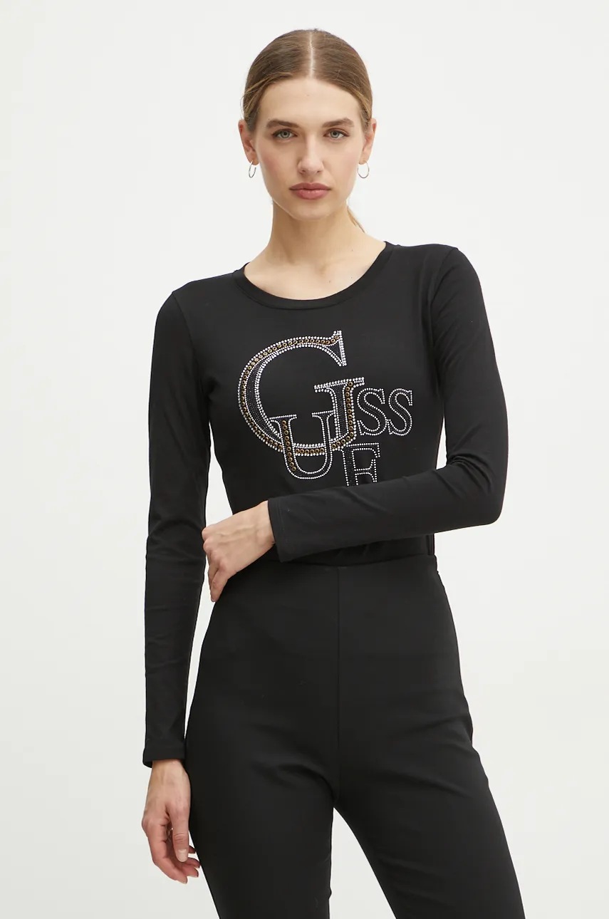 

Памучна блуза с дълги ръкави Guess в черно W4BI29 I3Z14, Черен