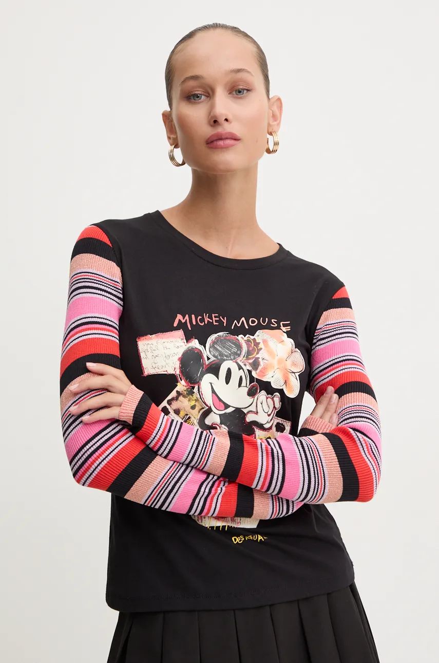 Desigual longsleeve PATCHMICKEY femei, culoarea negru, 24WWTKA2