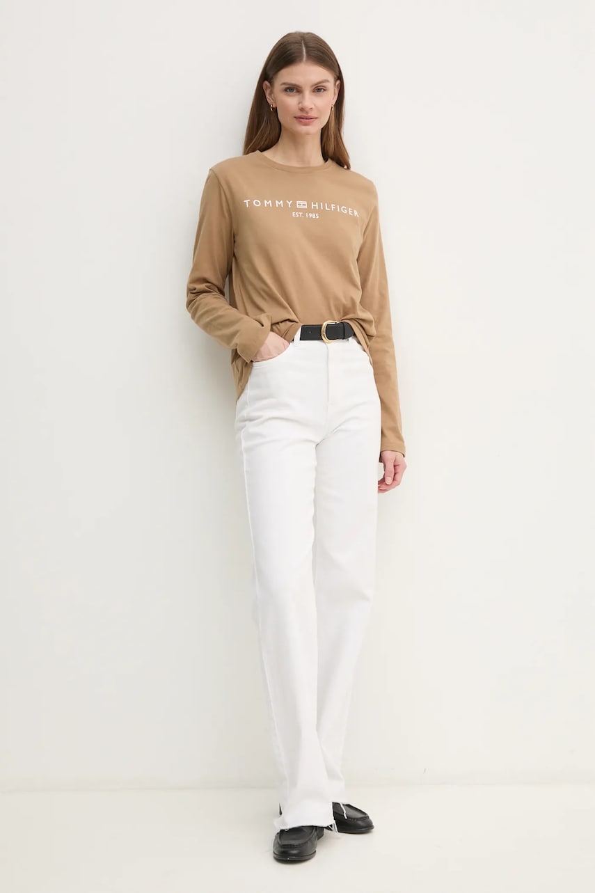 Хлопковый лонгслив Tommy Hilfiger цвет коричневый WW0WW43620 Хлопковый лонгслив Tommy Hilfiger цвет коричневый WW0WW43620