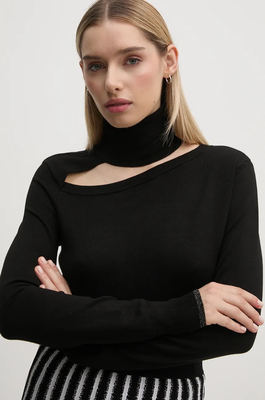 Gaudi pulover femei, culoarea negru, cu guler, 421BD53013 Gaudi pulover femei, culoarea negru, cu guler, 421BD53013