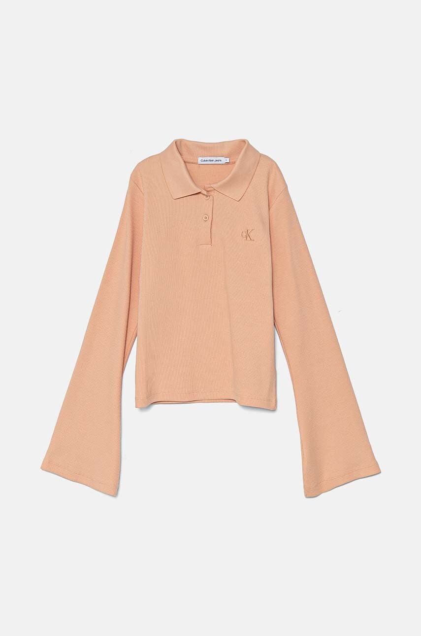 Levně Dětské tričko s dlouhým rukávem Calvin Klein Jeans růžová barva, s límečkem, IG0IG02533