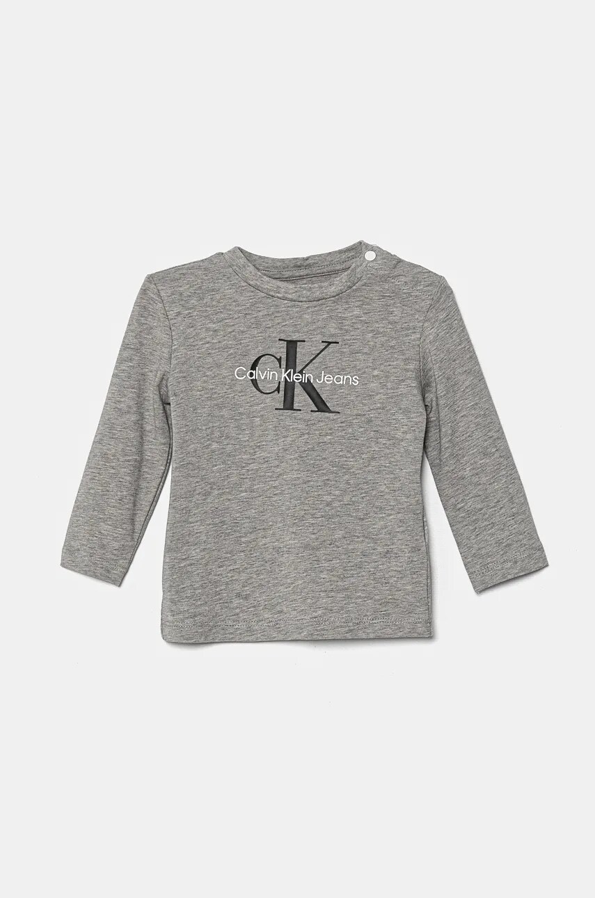 Levně Dětské tričko s dlouhým rukávem Calvin Klein Jeans šedá barva, s potiskem, IN0IN00005