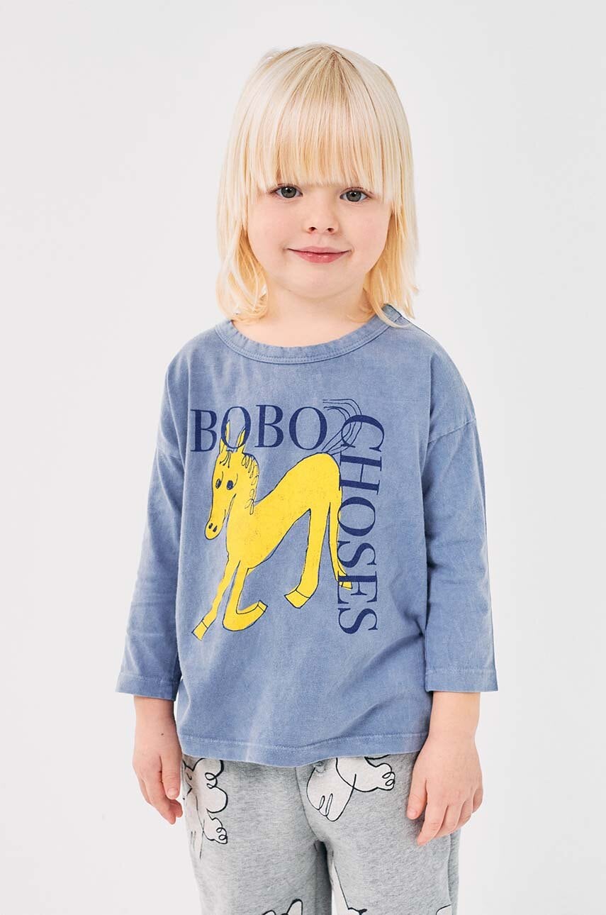 Bobo Choses longsleeve din bumbac pentru copii Wonder Horse culoarea gri, cu imprimeu, 224AC009 Bobo Choses longsleeve din bumbac pentru copii Wonder Horse culoarea gri, cu imprimeu, 224AC009