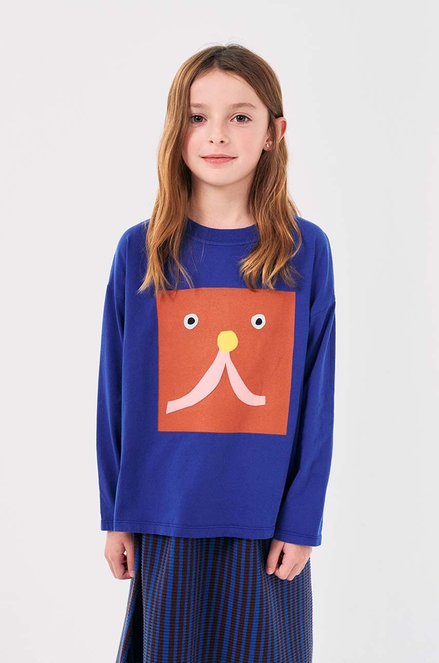 Bobo Choses longsleeve din bumbac pentru copii Funny face culoarea albastru marin, cu imprimeu, 224AC010 Bobo Choses longsleeve din bumbac pentru copii Funny face culoarea albastru marin, cu imprimeu, 224AC010