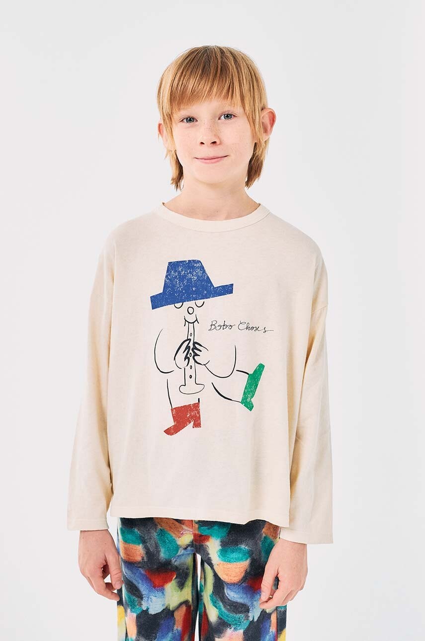 Bobo Choses longsleeve din bumbac pentru copii Magic Flute culoarea bej, cu imprimeu, 224AC012