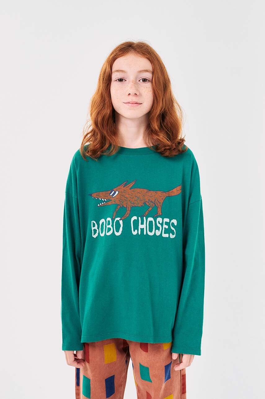 Bobo Choses longsleeve din bumbac pentru copii The Clever Fox culoarea verde, cu imprimeu, 224AC019 Bobo Choses longsleeve din bumbac pentru copii The Clever Fox culoarea verde, cu imprimeu, 224AC019