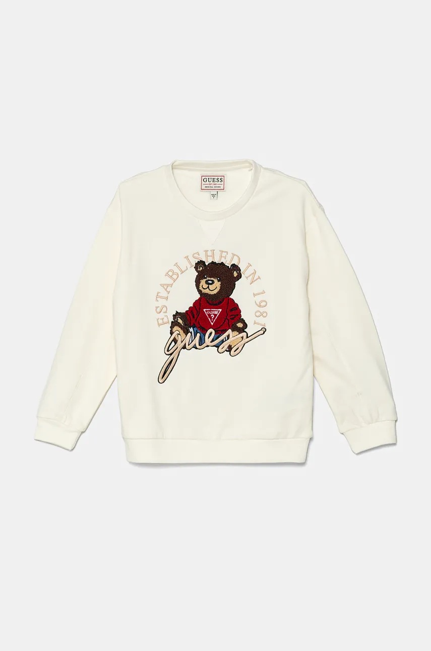 

Детски памучен суичър Guess в бежово с апликация H4BJ07 KAX73, Бежов