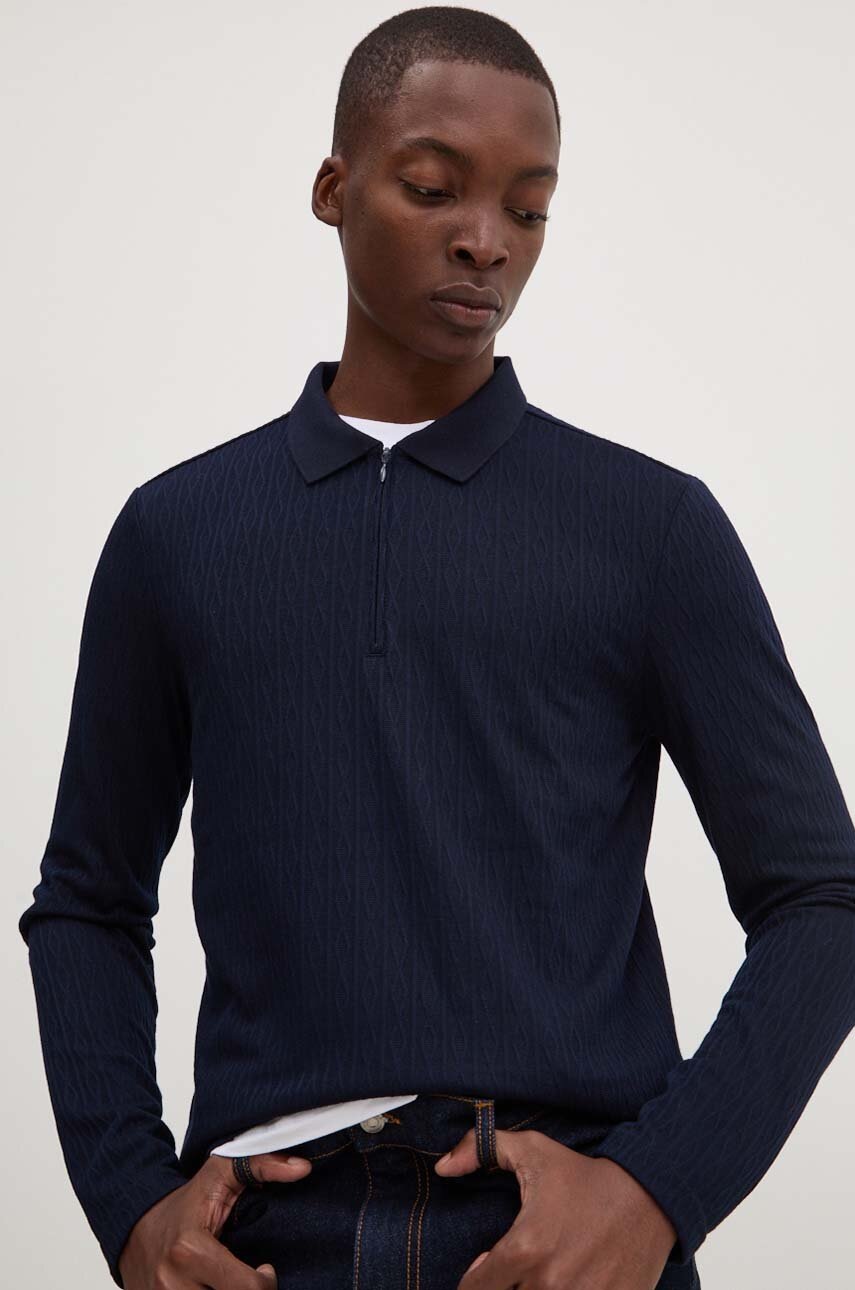 Bruuns Bazaar longsleeve CabBBGonzo LS Polo Tee barbati, culoarea albastru marin, neted, BBM2400