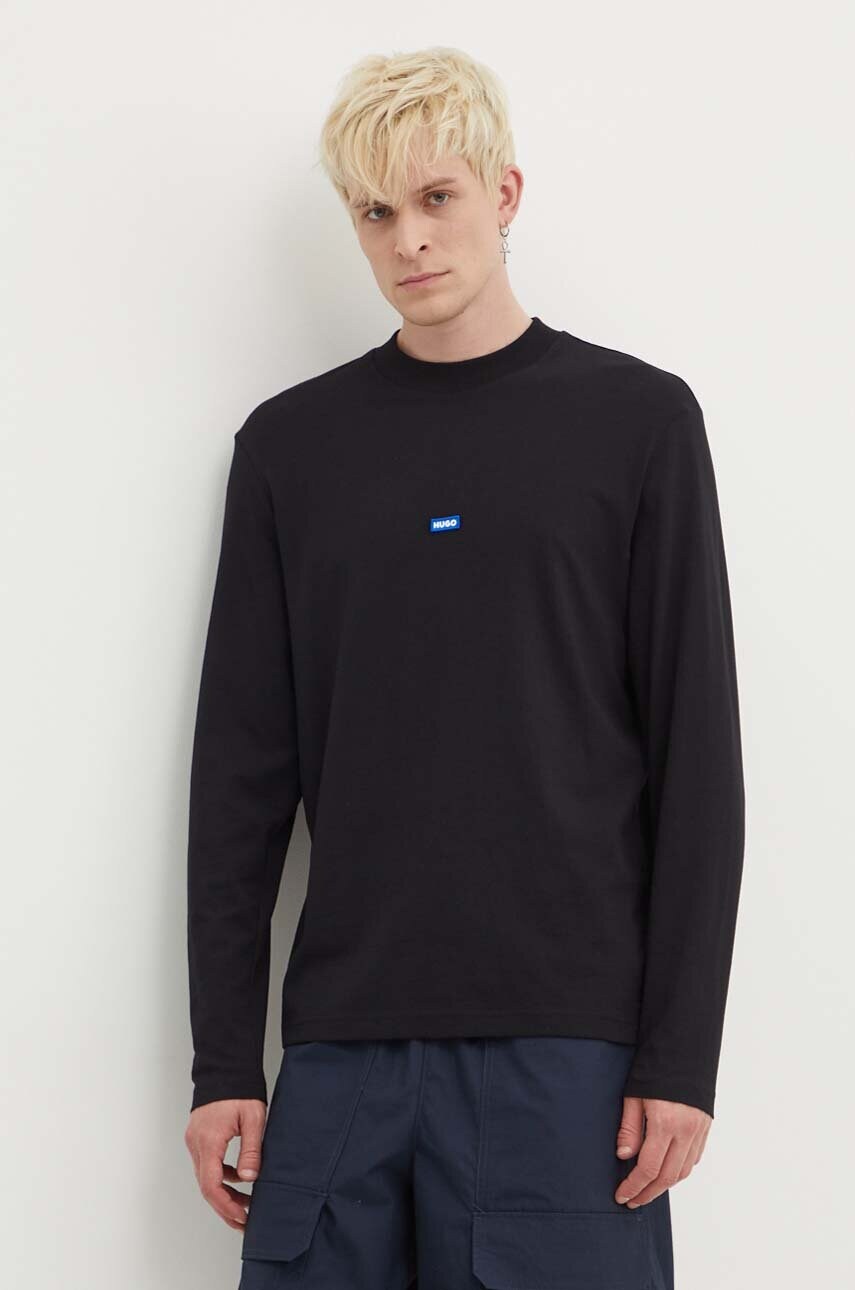Hugo Blue longsleeve din bumbac culoarea negru, cu imprimeu, 50519962