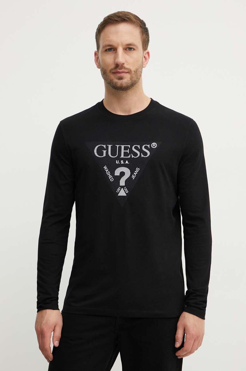 

Памучна блуза с дълги ръкави Guess в черно с апликация M4YI06 I3Z14, Черен