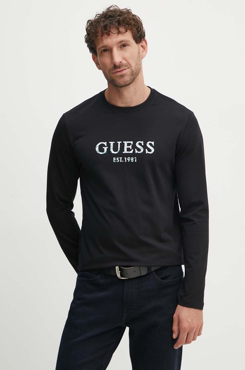 

Блуза с дълги ръкави Guess в черно с принт M4YI39 J1314, Черен