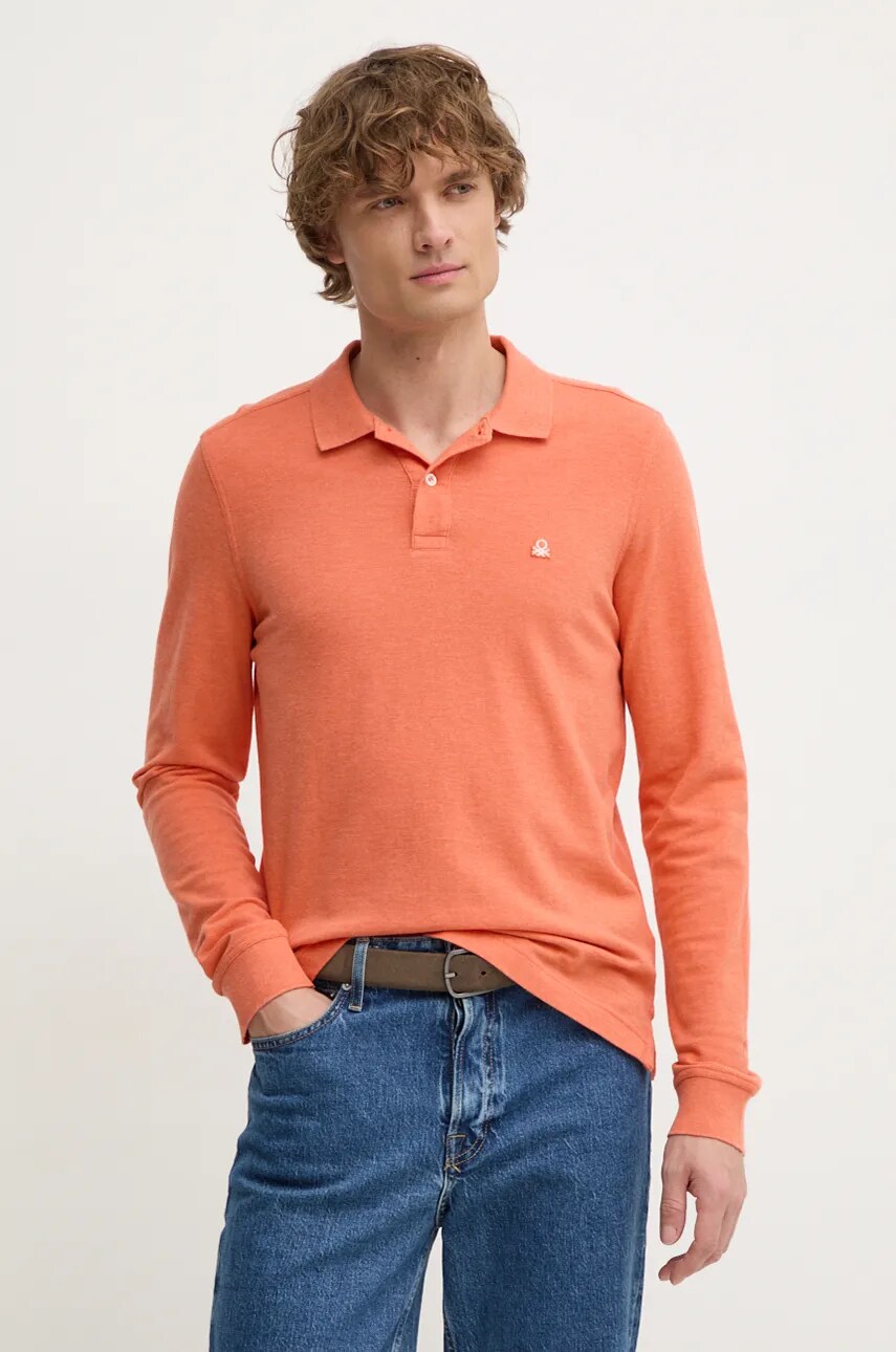 United Colors of Benetton longsleeve din bumbac culoarea portocaliu, neted, 3088U3025