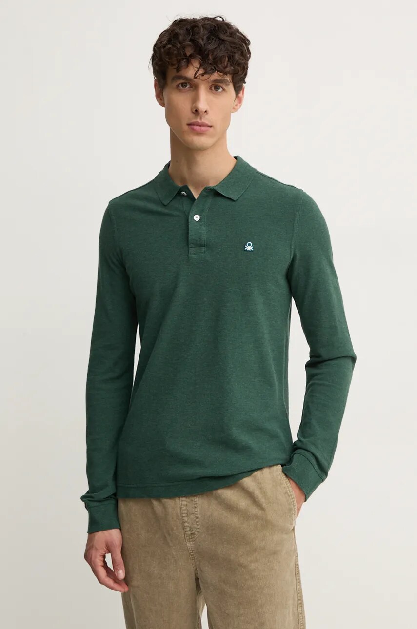 United Colors of Benetton longsleeve din bumbac culoarea verde, neted, 3088U3025