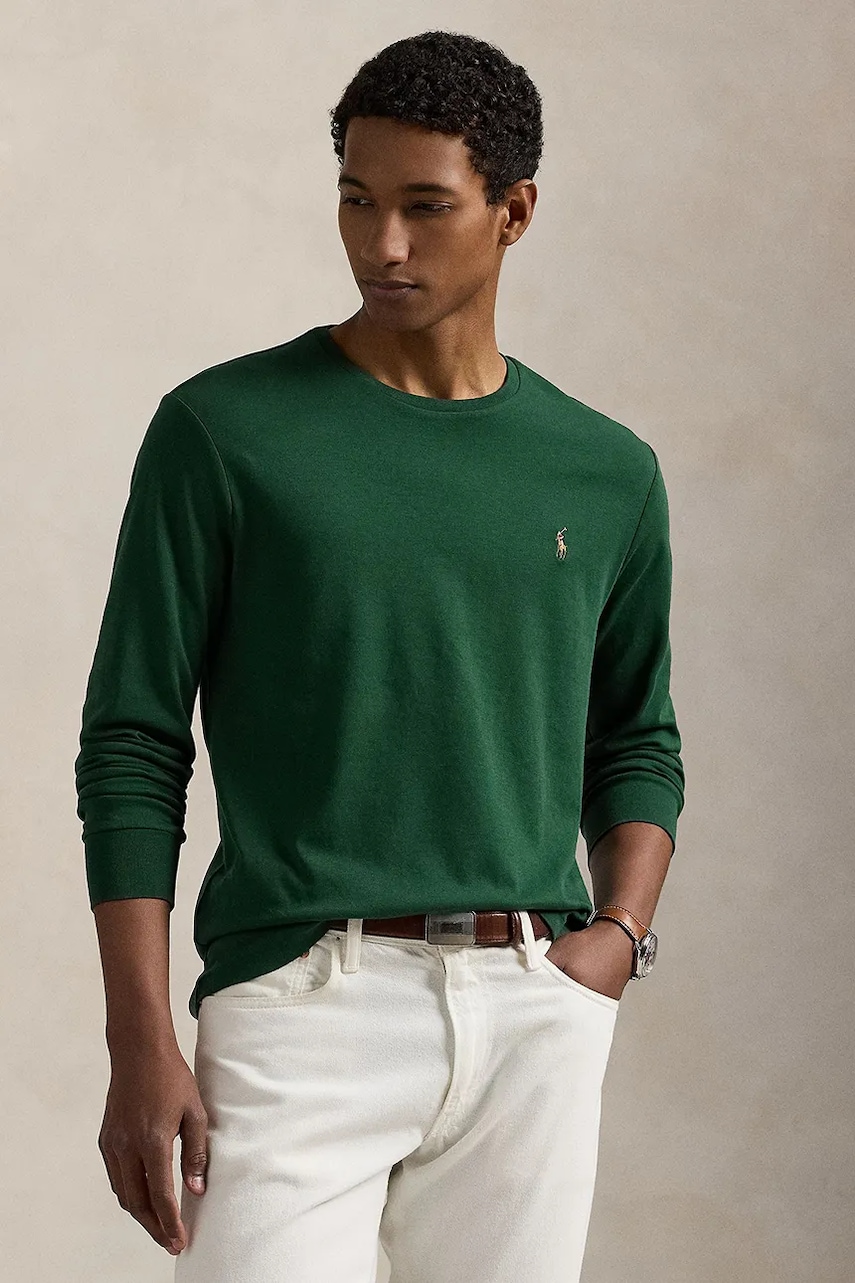 Levně Bavlněné tričko s dlouhým rukávem Polo Ralph Lauren zelená barva, 710760121