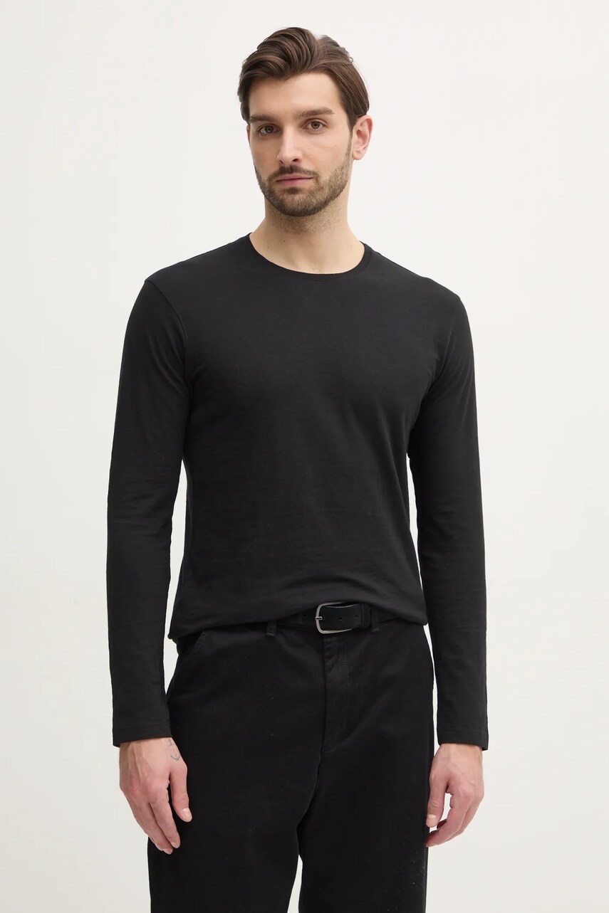 Sisley longsleeve din bumbac culoarea negru, neted, 3WF0S1013