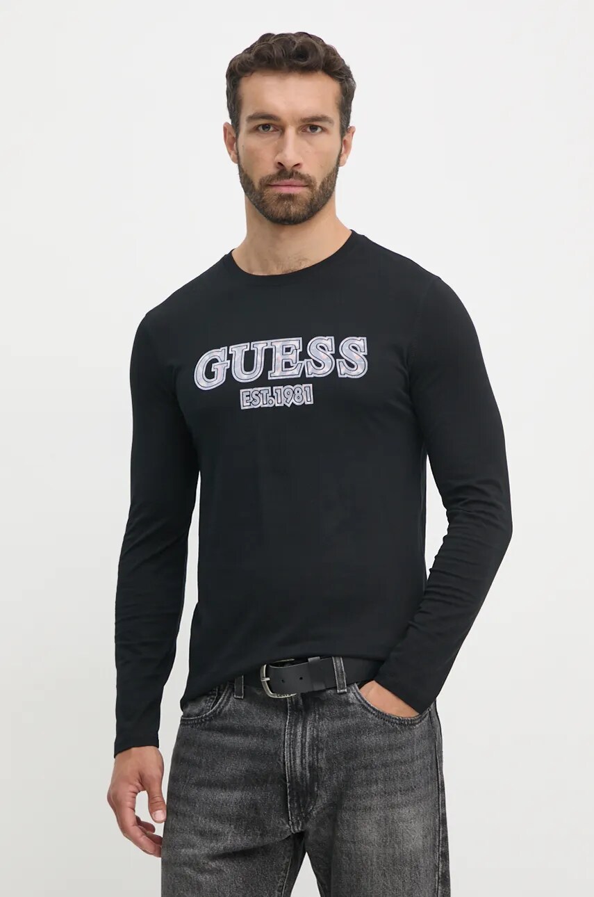 

Памучна блуза с дълги ръкави Guess в черно с принт M4BI46.I3Z14, Черен