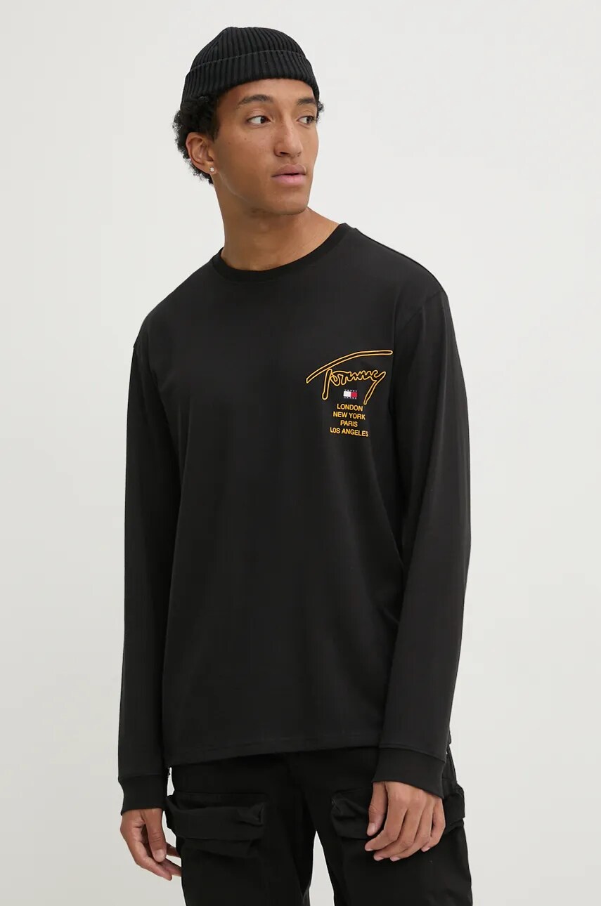 Tommy Jeans longsleeve din bumbac culoarea negru, cu imprimeu, DM0DM20105