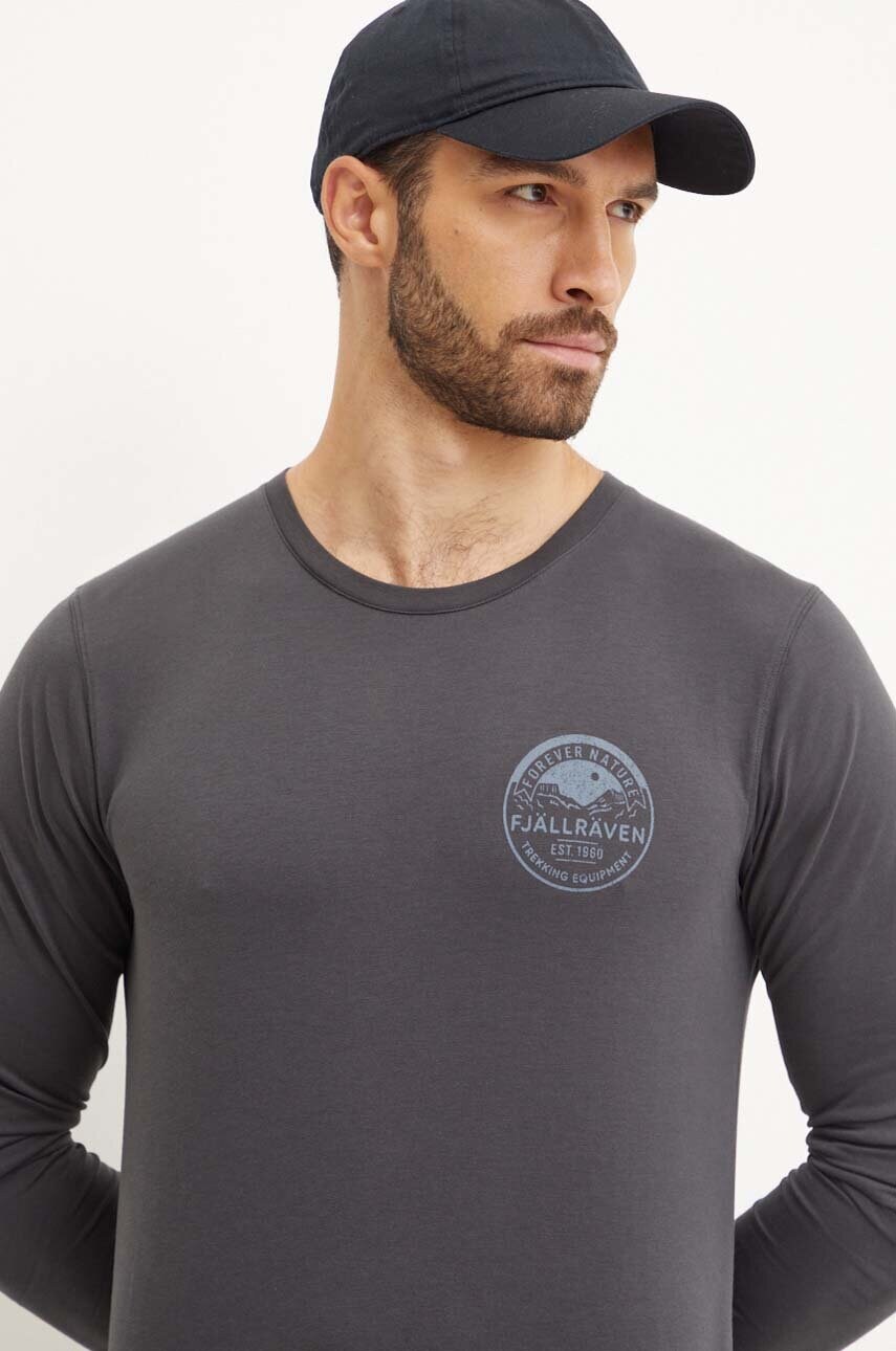 Fjallraven longsleeve Forever Nature Badge barbati, culoarea gri, cu imprimeu, F87303.555