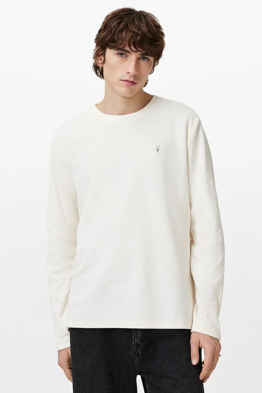 AllSaints longsleeve din bumbac ROWE culoarea alb, neted, M027JB AllSaints longsleeve din bumbac ROWE culoarea alb, neted, M027JB