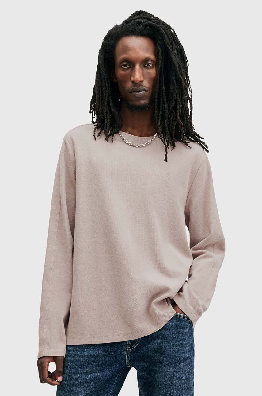 AllSaints longsleeve din bumbac ROWE culoarea bej, neted, M027JB AllSaints longsleeve din bumbac ROWE culoarea bej, neted, M027JB