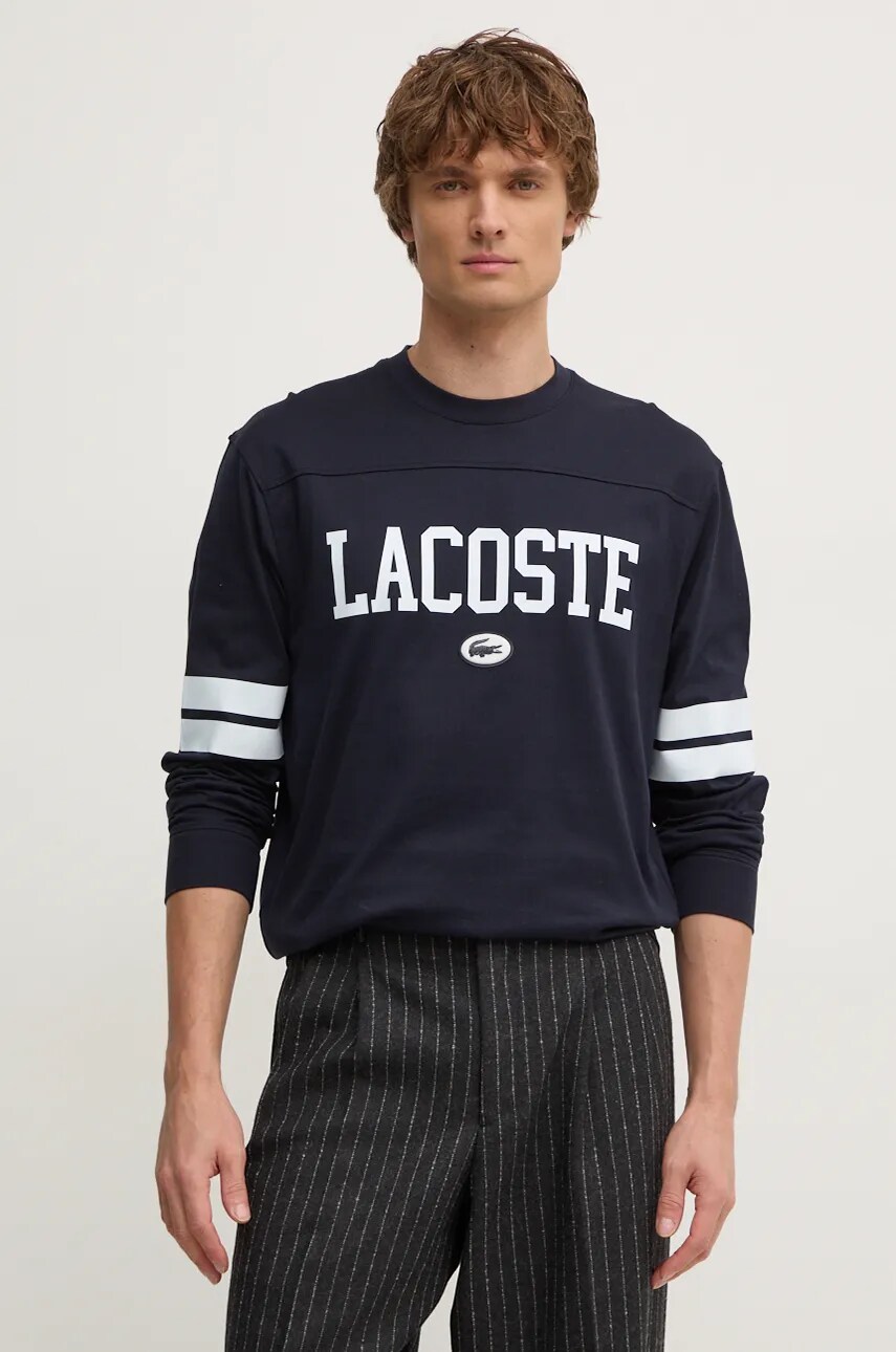 Lacoste longsleeve din bumbac culoarea negru, cu imprimeu, TH7609