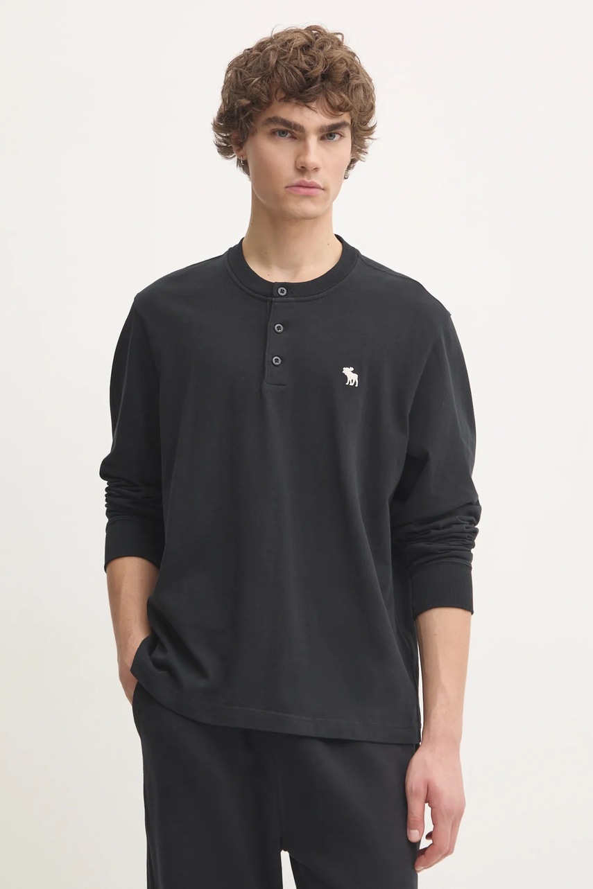 Abercrombie & Fitch longsleeve din bumbac culoarea negru, uni, KI124-4534