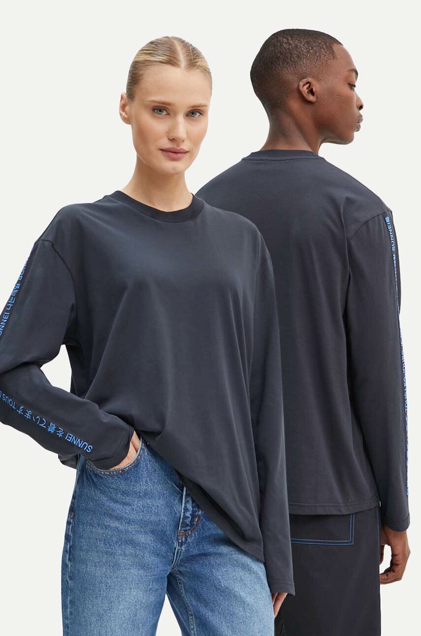 Sunnei longsleeve din bumbac culoarea albastru marin, cu imprimeu, RTWXJER003 Sunnei longsleeve din bumbac culoarea albastru marin, cu imprimeu, RTWXJER003