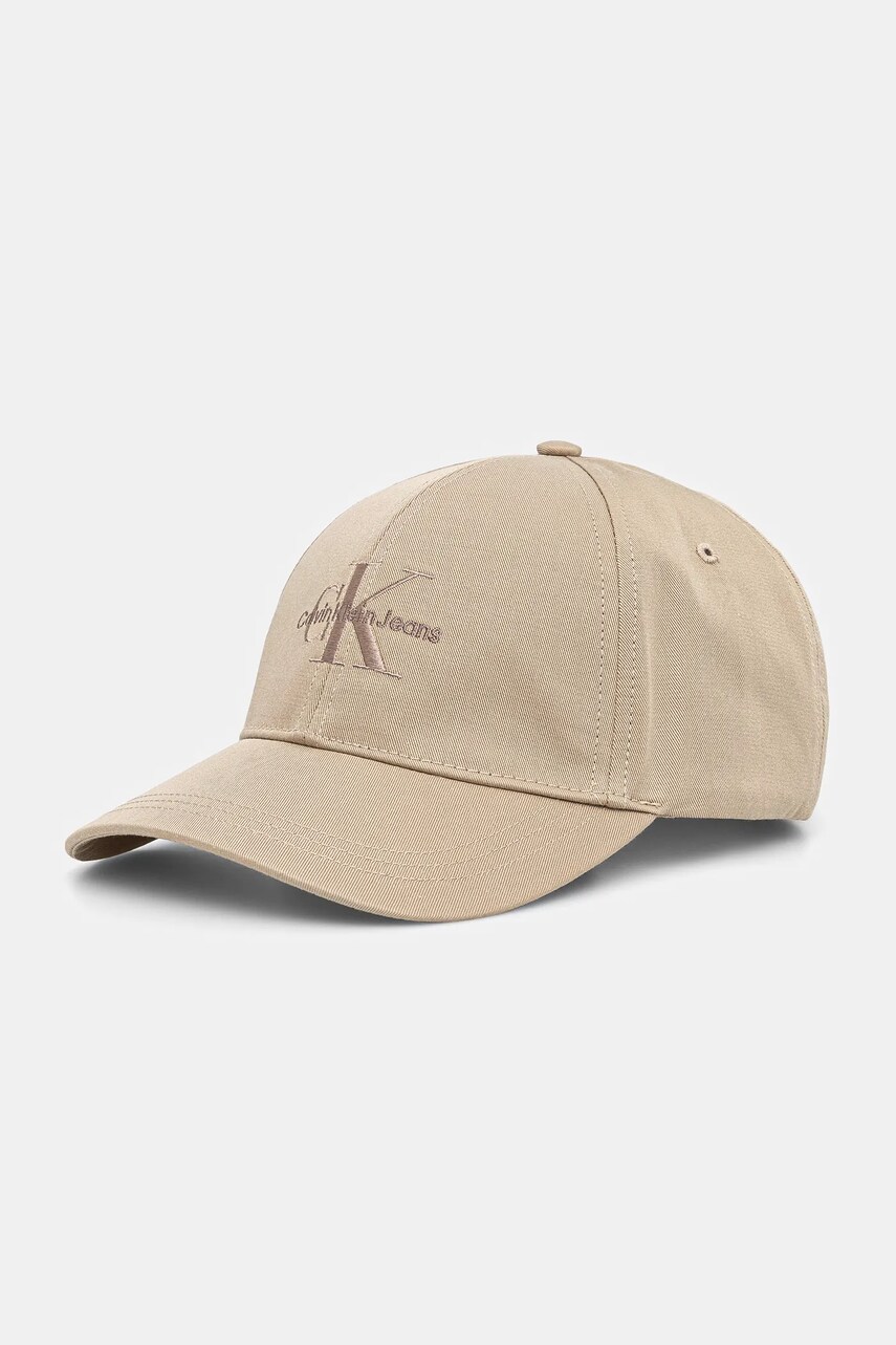 Levně Bavlněná baseballová čepice Calvin Klein Jeans béžová barva, s aplikací, K60K612317
