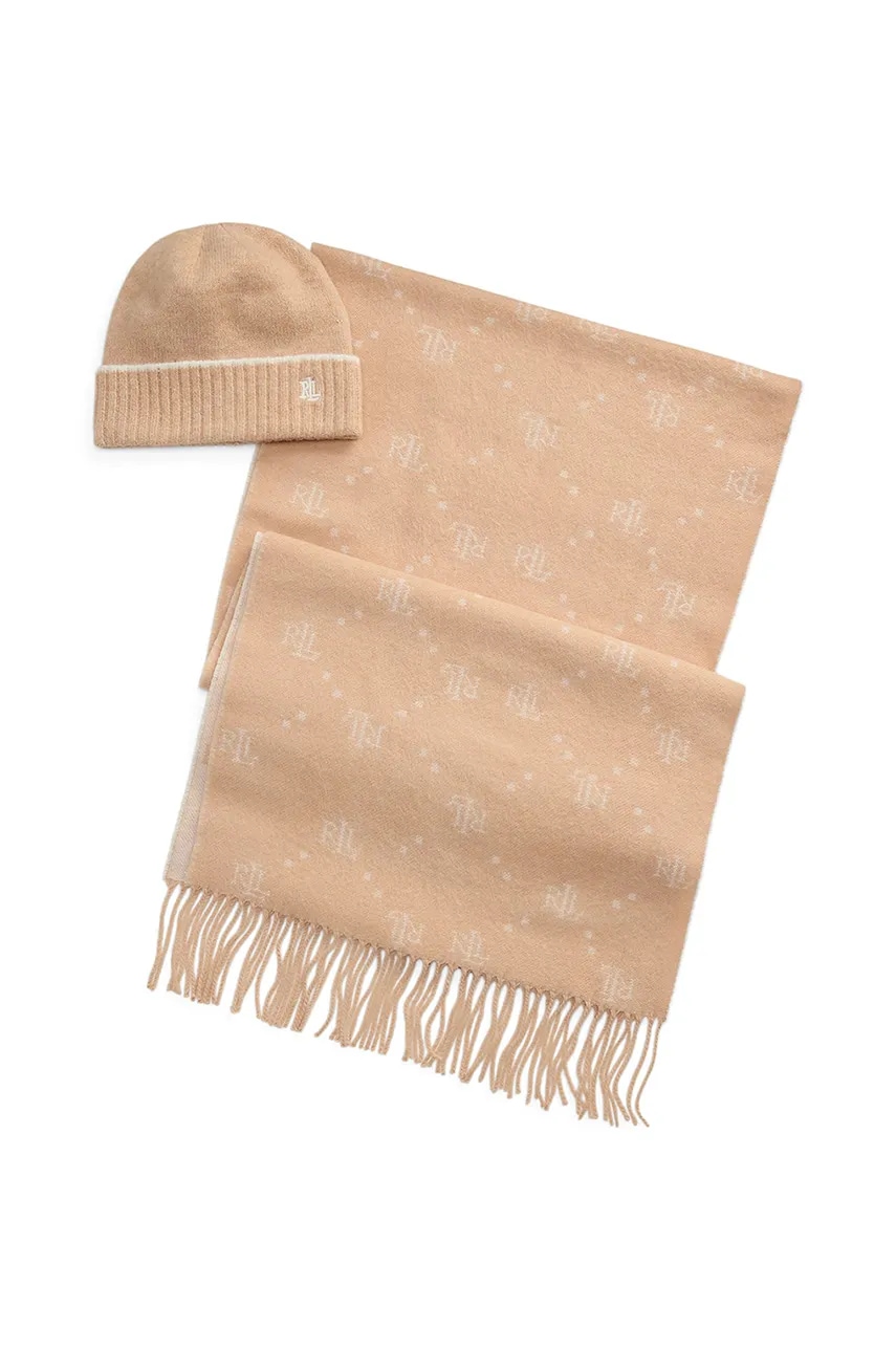 Levně Čepice a šála Lauren Ralph Lauren béžová barva, 454960062
