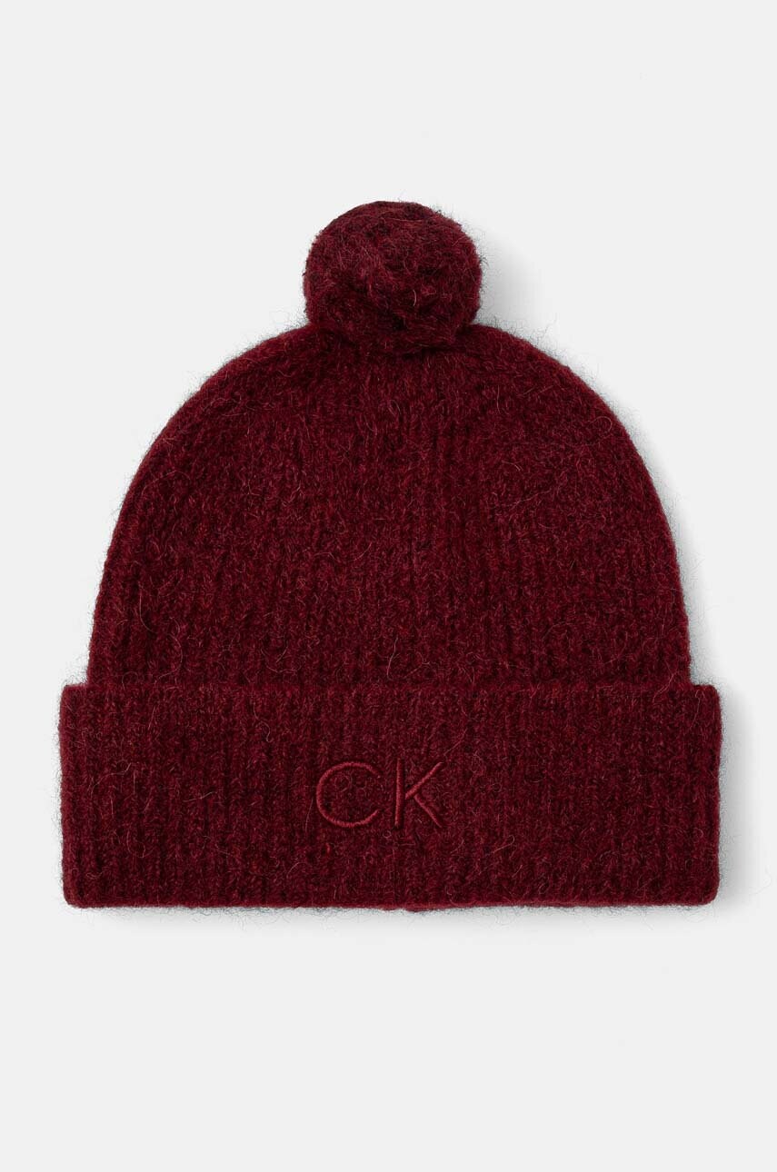 Levně Vlněná čepice Calvin Klein vínová barva, K60K612586