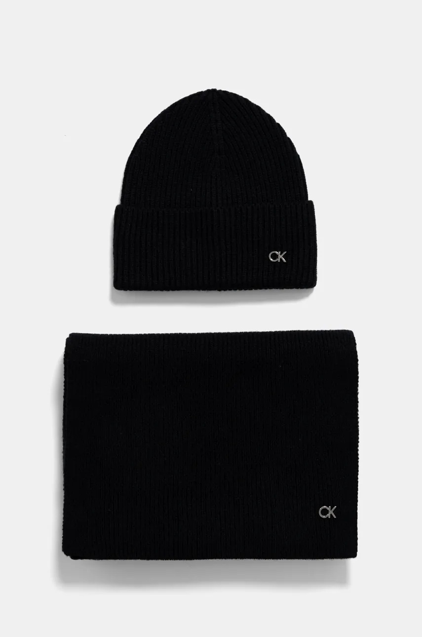 

Вълнени шапка и шал Calvin Klein в черно K60K612621, Черен