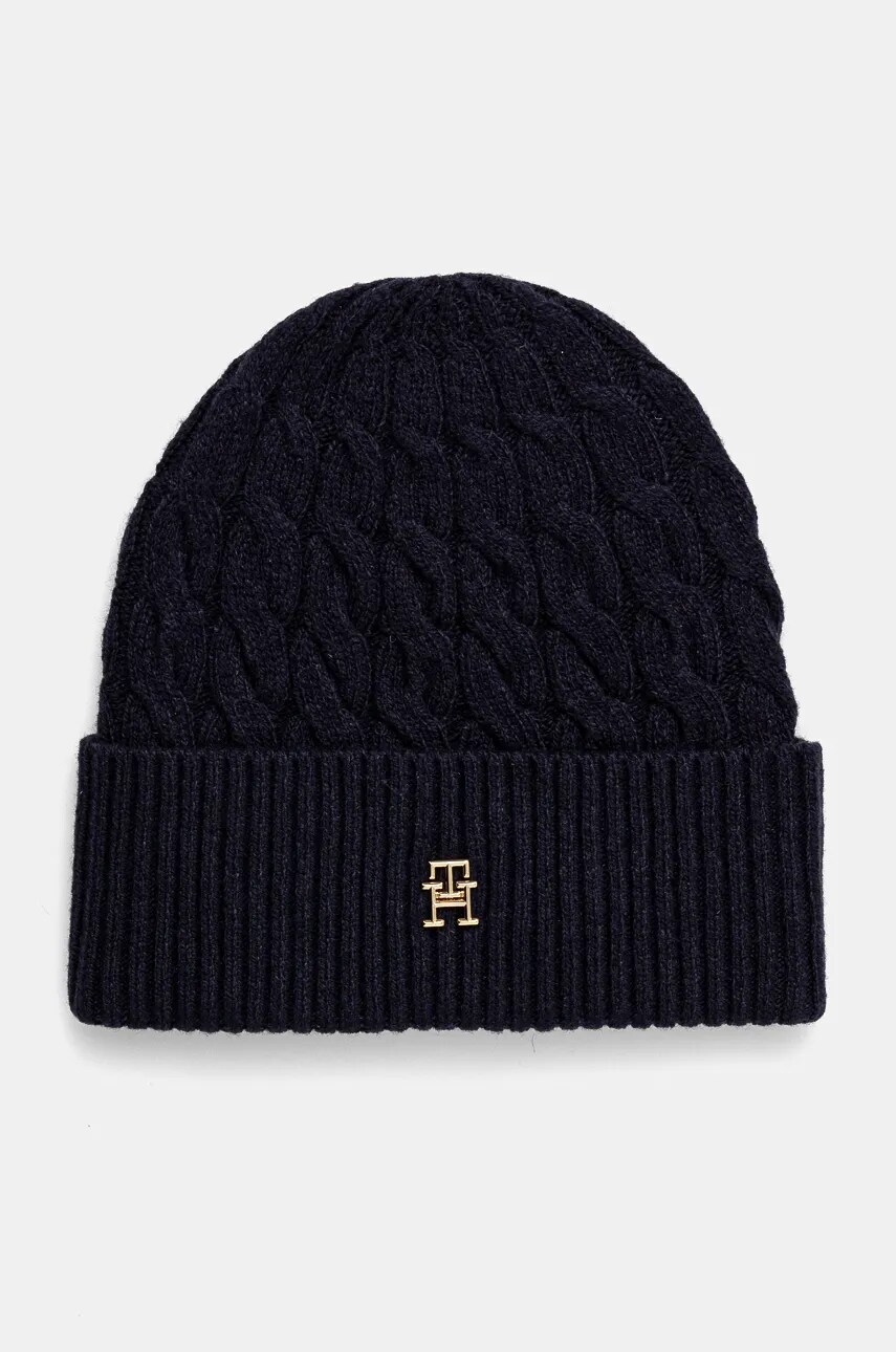 Levně Vlněná čepice Tommy Hilfiger tmavomodrá barva, z tenké pleteniny, AW0AW16629