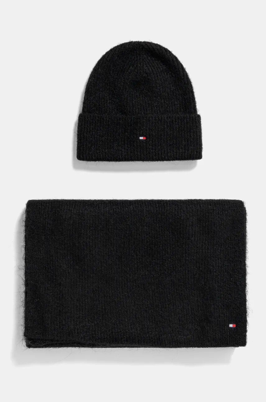 Levně Vlněná čepice a šála Tommy Hilfiger černá barva, AW0AW17124