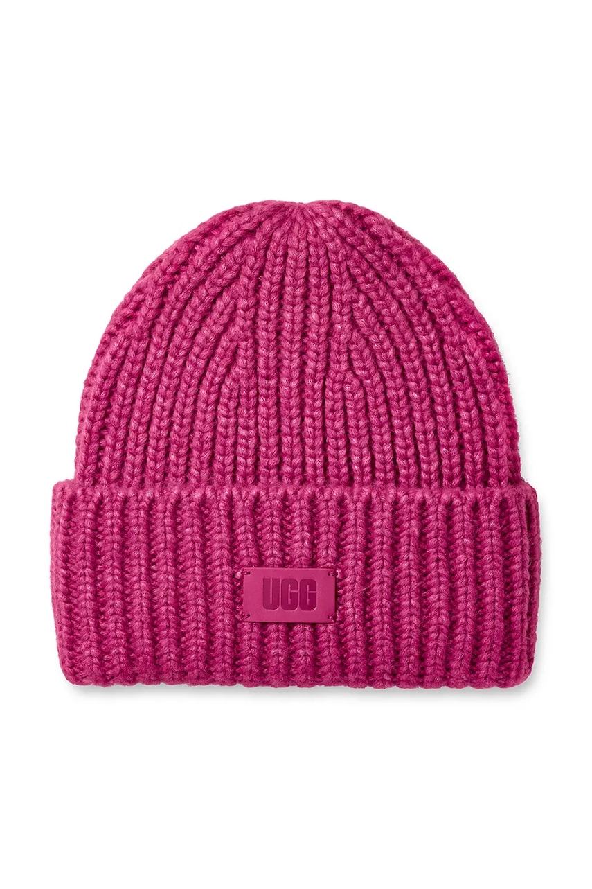 UGG căciulă din amestec de lână CHUNKY RIB BEANIE culoarea roz, din tricot gros, 21687