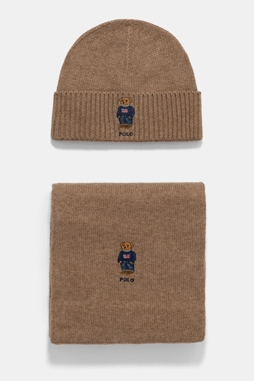 

Шапка и шал с вълна Polo Ralph Lauren в бежово 449959532, Кафяв