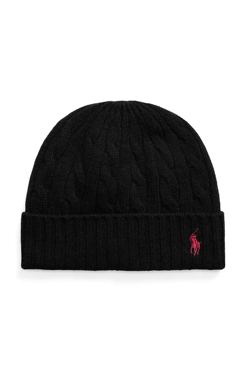 

Вълнена шапка Polo Ralph Lauren в черно от плътен трикотаж от вълна 449959346, Черен