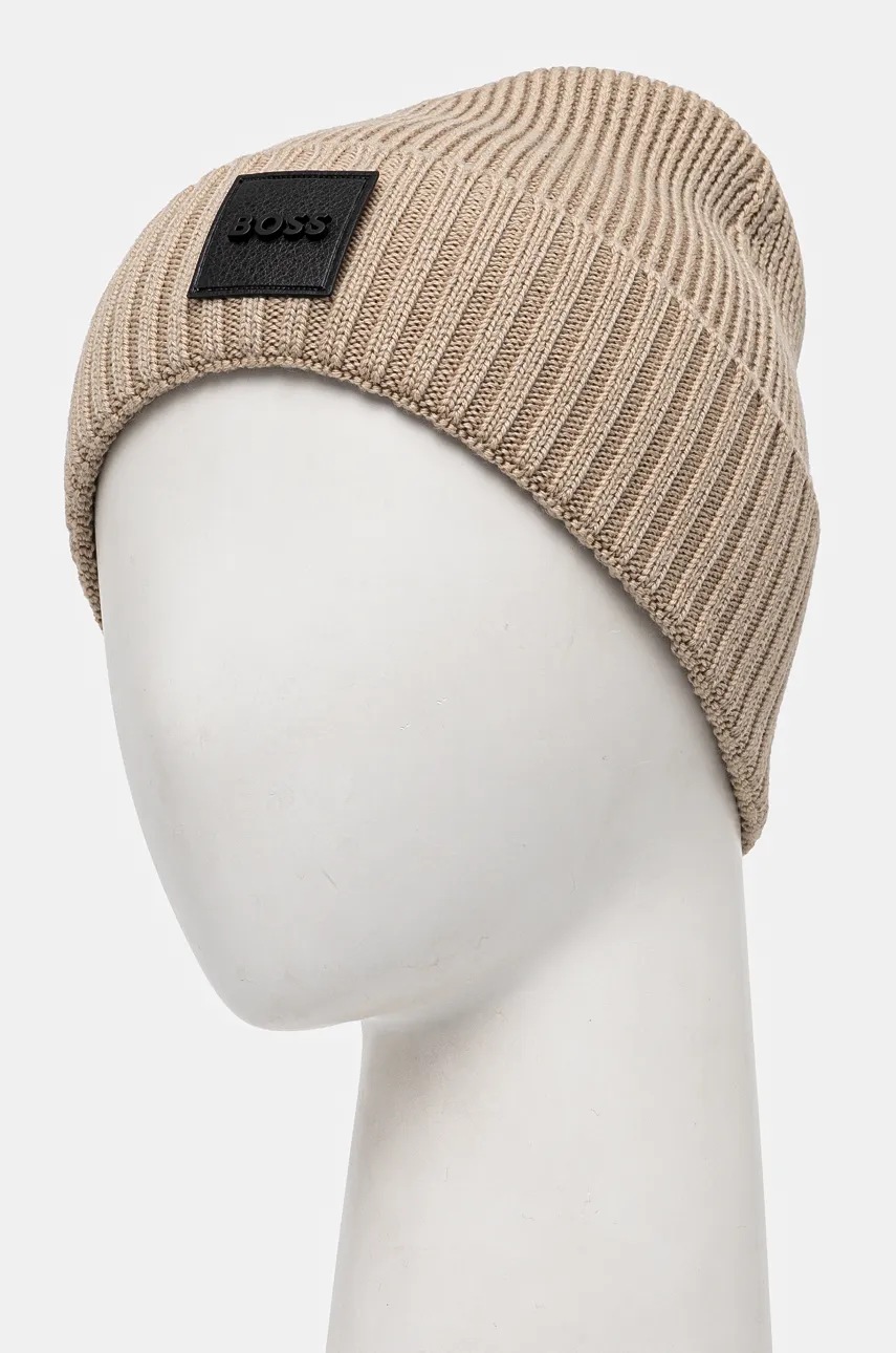 Шерстяная шапка BOSS цвет бежевый из тонкого трикотажа шерсть 50522426