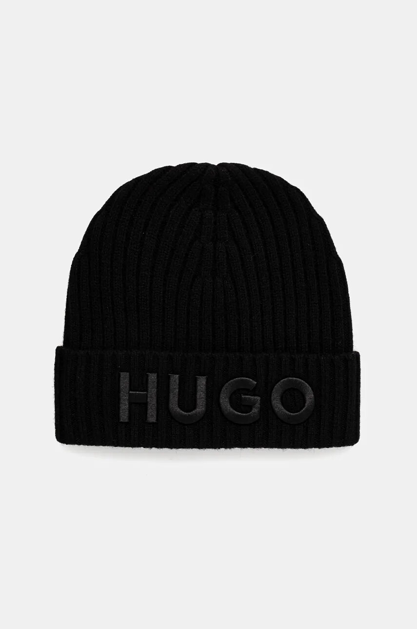 HUGO caciula de lana culoarea negru, de lana, din tesatura neteda, 50527804