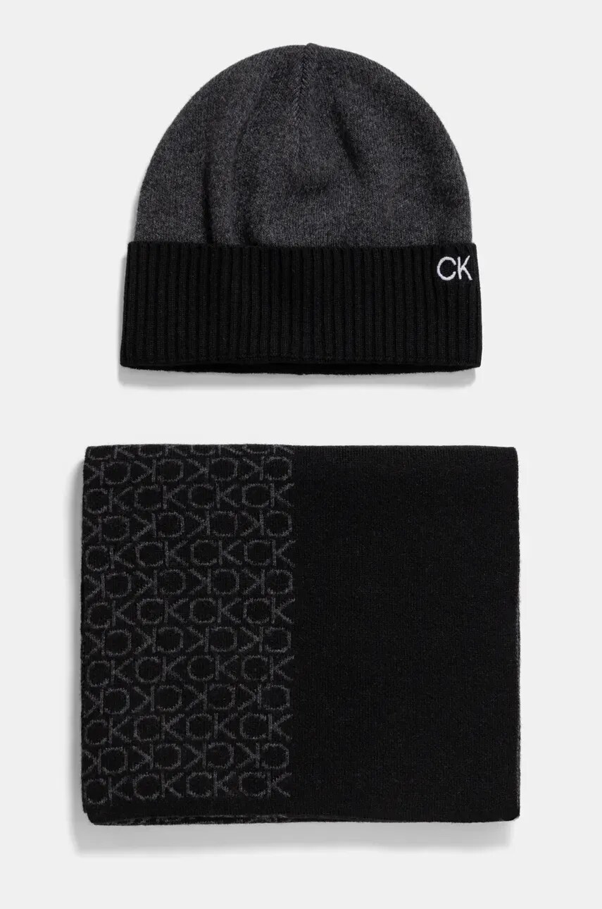 Levně Vlněná čepice a šála Calvin Klein černá barva, K50K512390