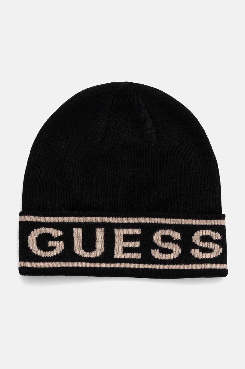 Čiapka s prímesou vlny Guess LOGO BEANIE čierna farba, z tenkej pleteniny, M4BZ06.Z3H82