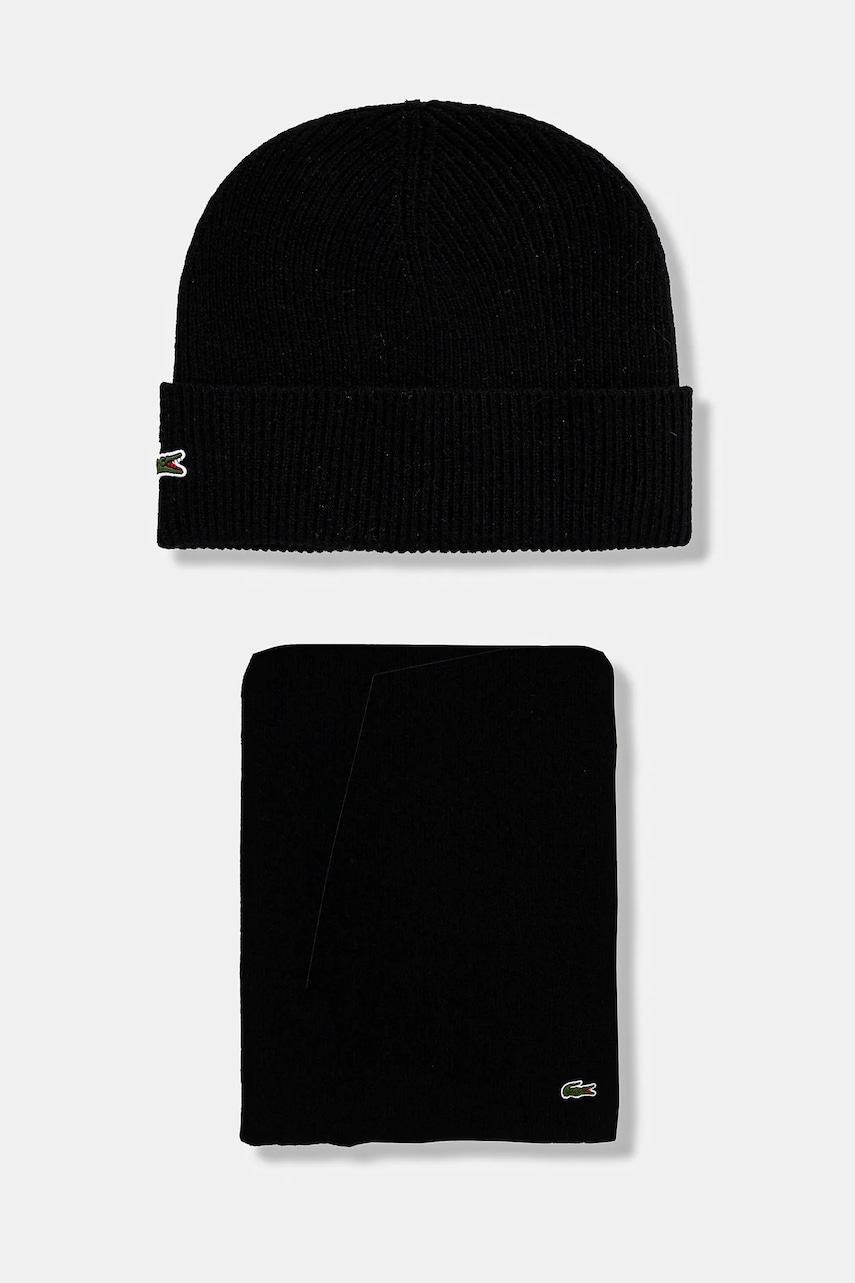 Lacoste caciula si fular din lana culoarea negru, RB5385 Lacoste caciula si fular din lana culoarea negru, RB5385