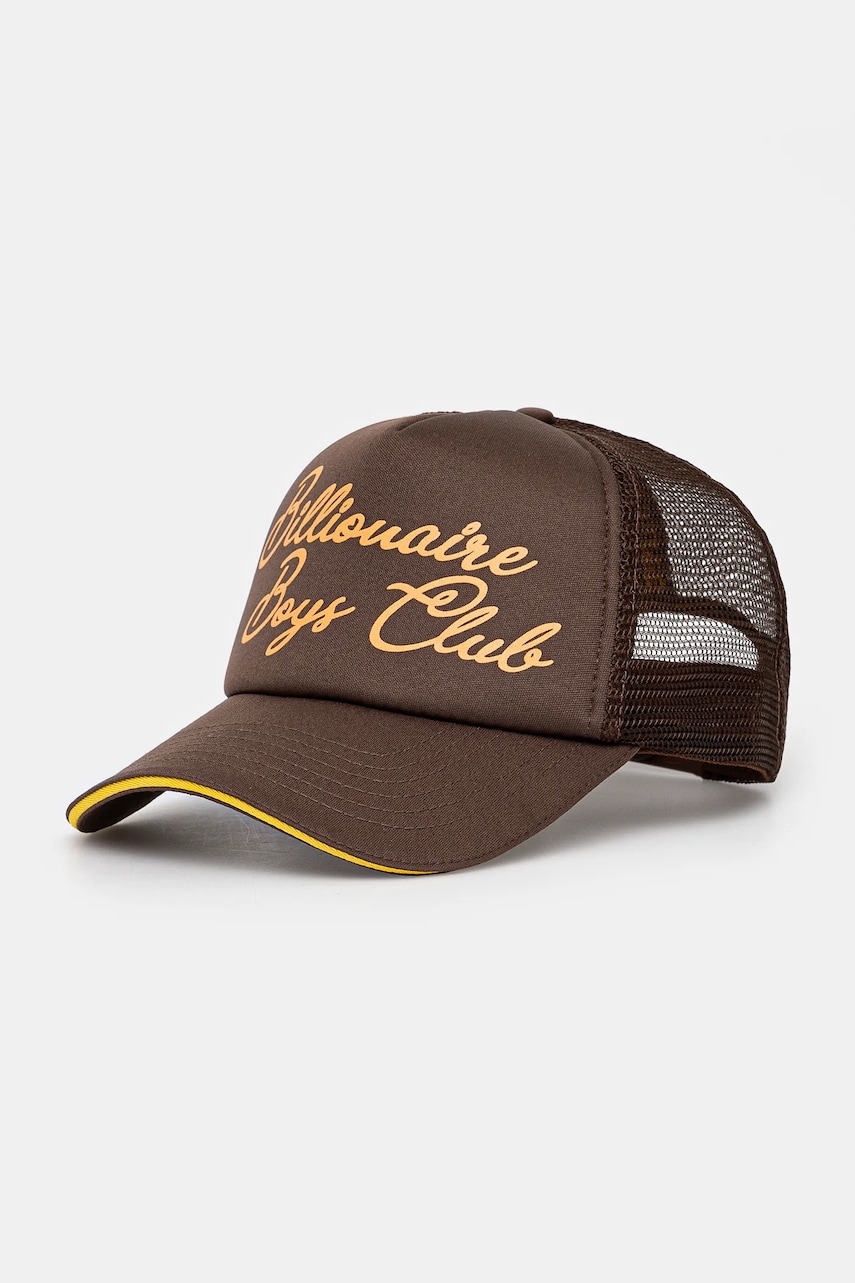 Billionaire Boys Club șapcă Script Trucker Cap culoarea maro, cu imprimeu, B24470 Billionaire Boys Club șapcă Script Trucker Cap culoarea maro, cu imprimeu, B24470