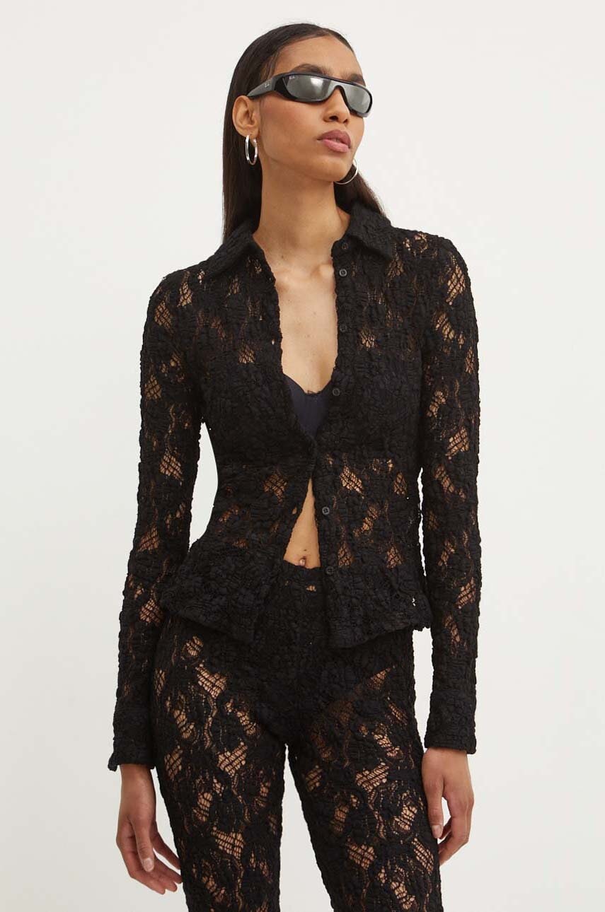 MSGM camasa femei, culoarea negru, cu guler clasic, slim, 3741MDE06.247624